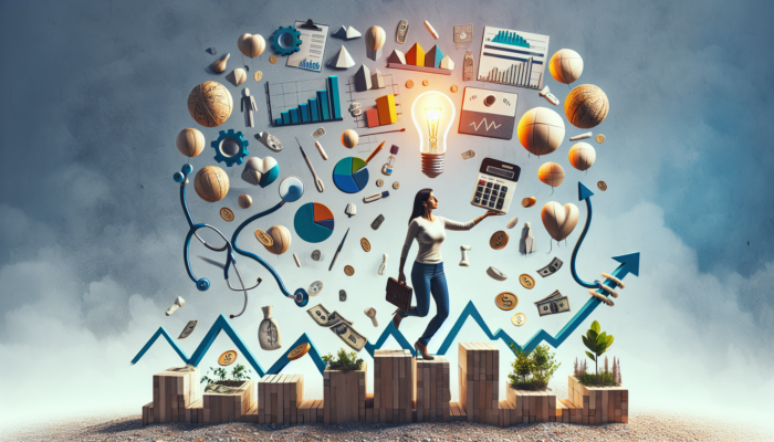 Entrepreneur managing multiple roles in a healthcare startup, surrounded by financial and growth charts.