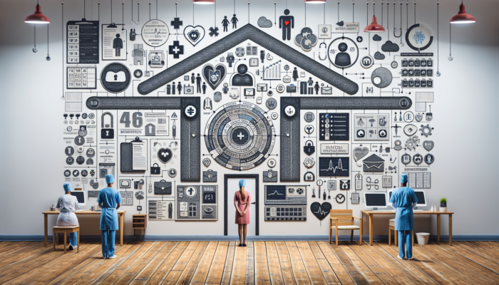 Infographic showing HIPAA, ACA, and other healthcare regulations, with icons for safety, data protection, and access in a small medical practice.