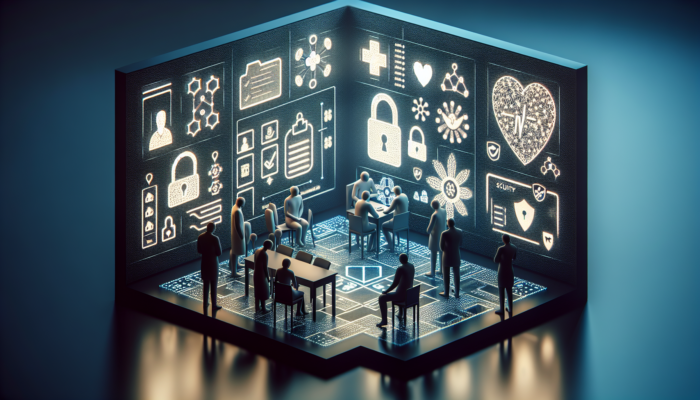 A small healthcare team studying HIPAA compliance documents, surrounded by secure patient files and digital security icons.