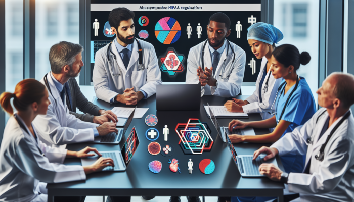 Healthcare professionals in a modern conference room engaged in HIPAA compliance training with laptops and visual aids.