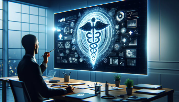 A modern healthcare brand logo on a high-tech screen with graphs and charts, symbolizing strategic growth.
