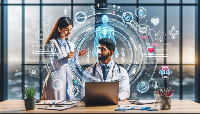 A healthcare professional and influencer collaborating on a webinar in a modern office, with digital screens showing health infographics and engagement metrics.