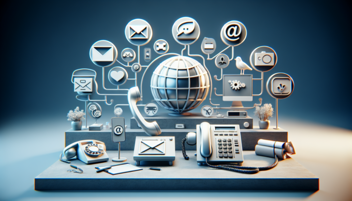 Modern customer service center with signage for phone, email, website portal, and social media access.