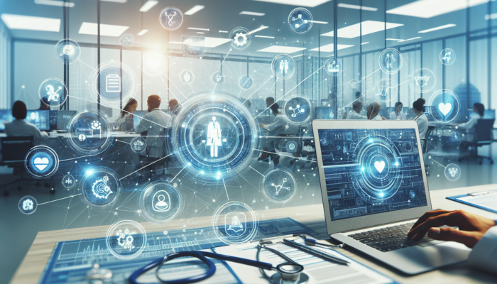 A network of healthcare systems and devices exchanging patient data, symbolizing enhanced care coordination.