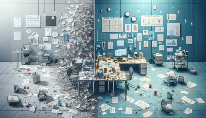 A healthcare setting showing chaotic, error-filled patient records versus an organized system with real-time data validation and training.