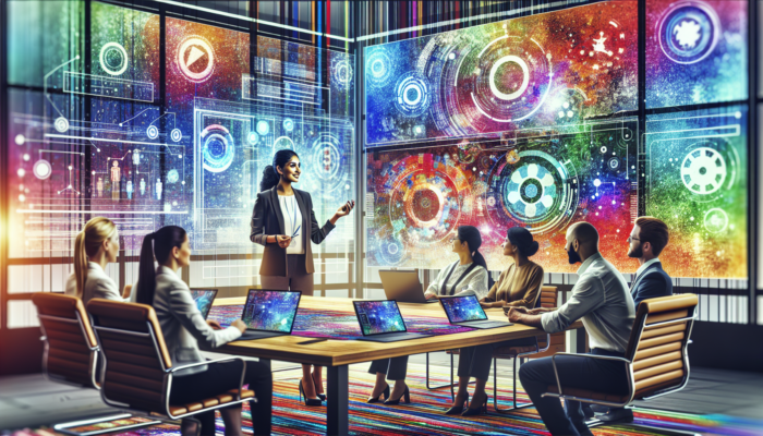 A dynamic corporate training session with diverse employees using modern technology in a bright conference room.