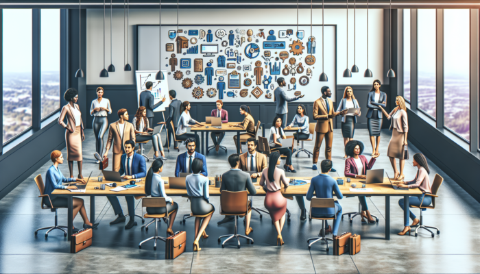 A vibrant office scene with diverse employees engaged in training sessions, symbolizing enhanced competence and organizational growth.