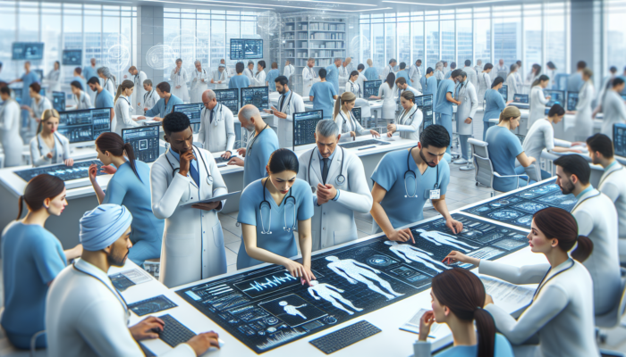 A hospital scene showing stakeholders using flowcharts and digital tools to redesign healthcare processes for better patient care.