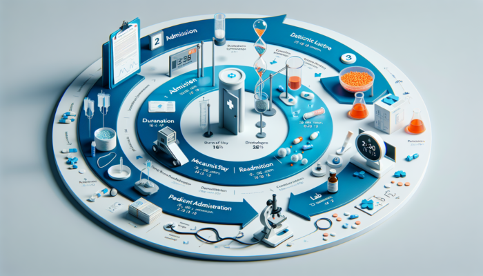 A flowchart of patient care processes with data graphs on key performance indicators.