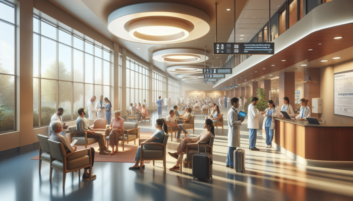 A serene hospital lobby with diverse patients using digital tablets, attending workshops, and receiving personalized consultations.