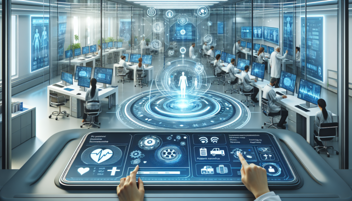 Patients using digital portals on sleek devices for medical records, appointments, and telemedicine, enhancing empowerment and convenience.