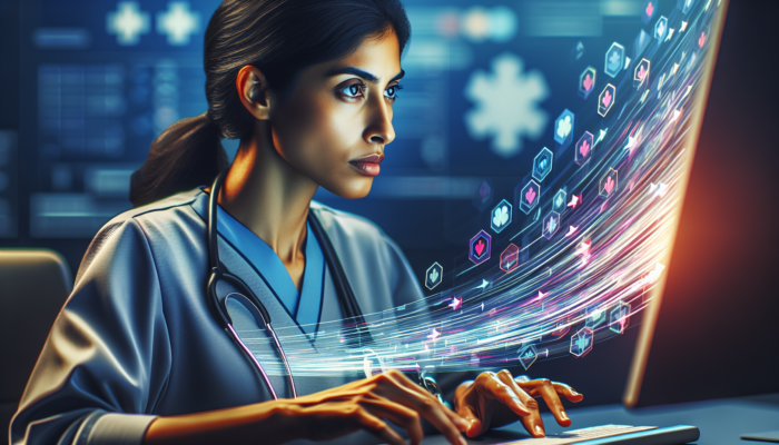 Healthcare professional using EHR system on computer, entering data, with simulations on screen for practice.