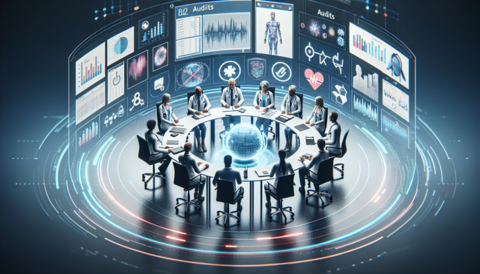 Healthcare staff using EHR systems, conducting audits, and collaborating with payers via video calls.