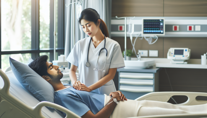 A nurse providing compassionate care in a modern, safe hospital room, reflecting high employee engagement.