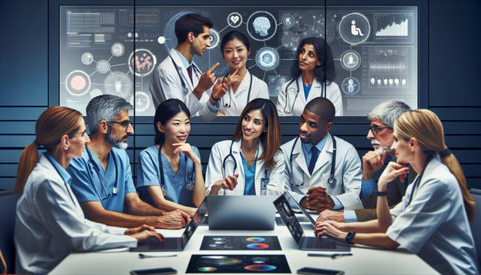 A diverse healthcare team collaborating in a modern workspace, focused on improving patient care.