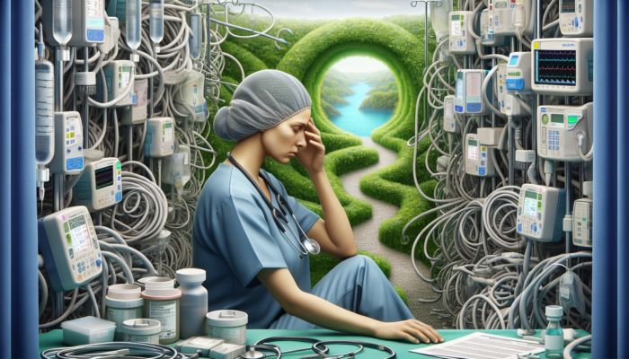 A stressed healthcare worker in a maze of paperwork and equipment, with a calm oasis in the distance.