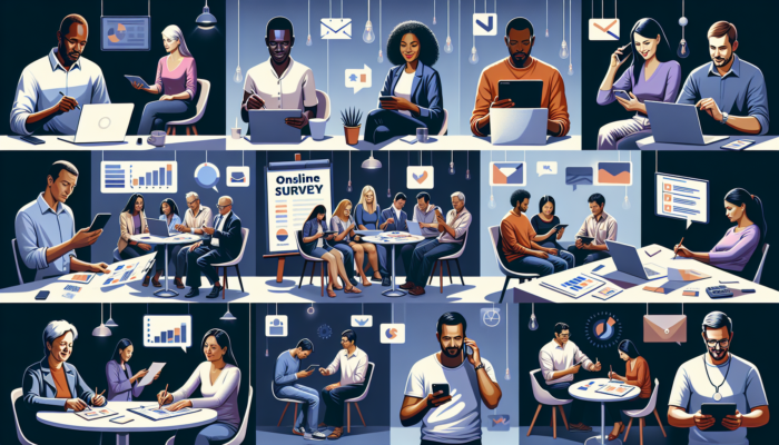 Diverse group using online, phone, in-person, and mail survey methods in a modern setting.