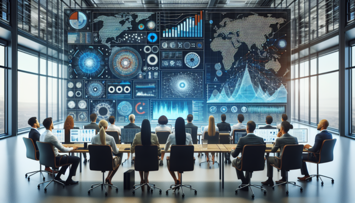 A diverse team analyzing survey data on a large screen with charts and graphs in a modern office.