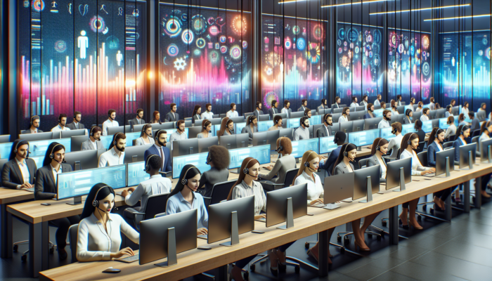 Modern call center agents handling calls with screens showing analytics and positive feedback, symbolizing enhanced customer connectivity and success.