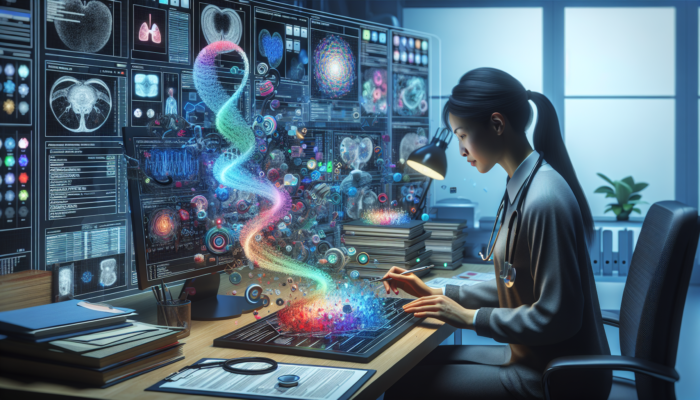 A medical coder reviewing patient documentation and codes in a well-organized office with medical resources.