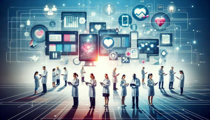 Doctors using digital tablets to access and share patient data via EHRs in a modern hospital setting.