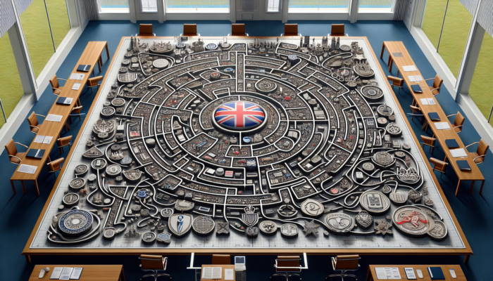 A map of UK healthcare regulations with compliance routes, trust and quality symbols in a business setting.