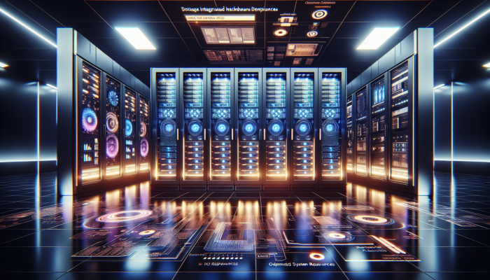 A modern server room with glowing, integrated hardware optimizing system resources and boosting productivity.