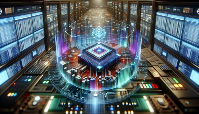 A futuristic control room with a holographic display showing dynamic resource allocation across a network for balanced performance.