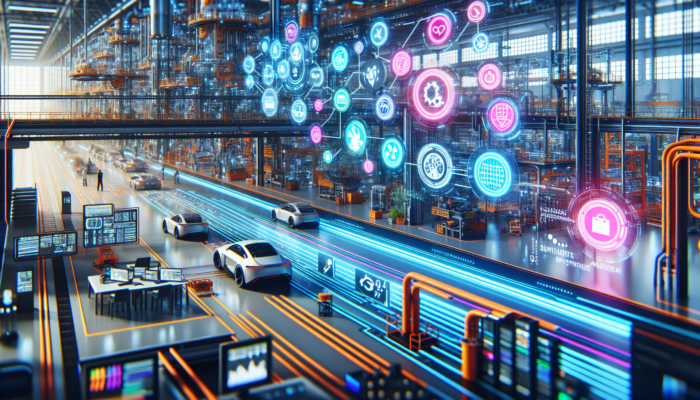 A futuristic factory showcasing integrated hardware systems in automotive, healthcare, and aerospace industries.