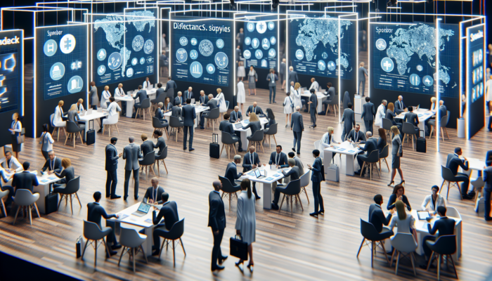 A medical conference in the UK with healthcare professionals networking and sponsor booths showcasing case studies and success stories.