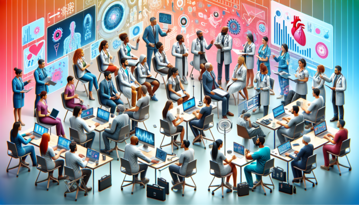 A diverse group of healthcare professionals at a conference, using modern technology for education.