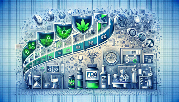 Timeline of FDA regulations from 1906 to 1938, featuring key acts and symbolic items.