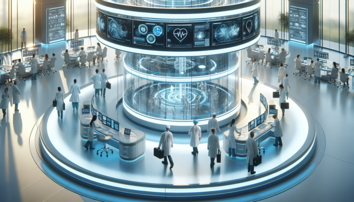 A futuristic healthcare setting with doctors and nurses using advanced technology for efficient workflows and enhanced patient care.