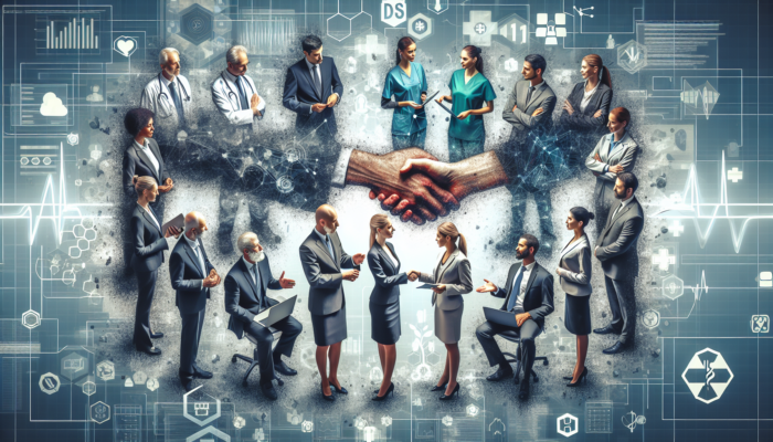 Executives shaking hands with representatives from academia, NHS, and private healthcare, symbolizing strategic growth in healthcare technology.