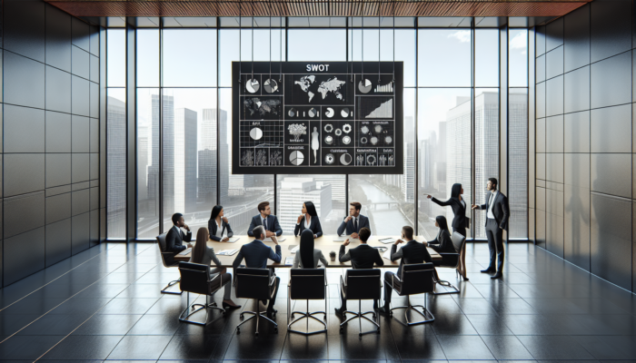 A diverse team discussing a SWOT analysis chart in a modern meeting room with city views.