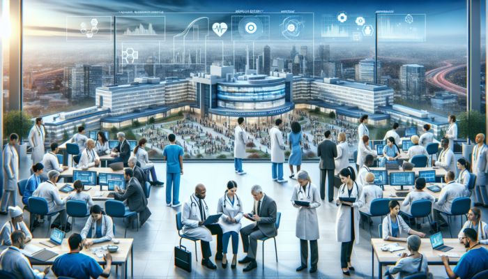 A hospital scene showing staff working together on a digital operational plan, improving healthcare efficiency and patient outcomes.