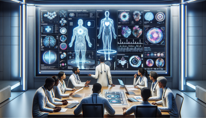 A futuristic hospital room with a holographic patient model, doctors analyzing data on screens.