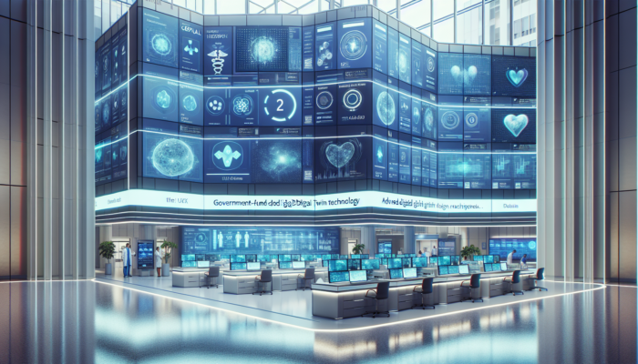 A futuristic UK hospital lobby displaying digital twin technology, supported by government-funded NHS initiatives for healthcare innovation.
