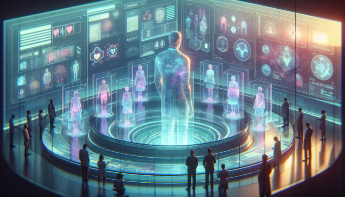 A futuristic UK government office with holographic patient digital twins, overseen by regulators ensuring GDPR compliance.