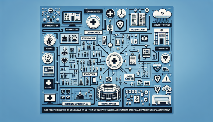Diagram of emergency response plan for customer support, showing communication, evacuation, medical aid, and safety protocols.