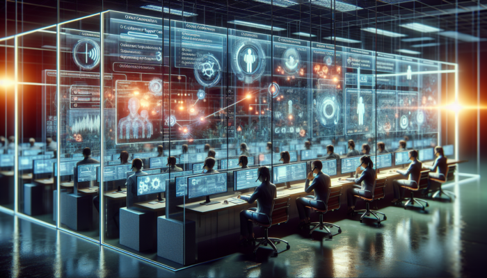 A customer support center with screens showing communication protocols and updates via email, SMS, and website during an emergency.
