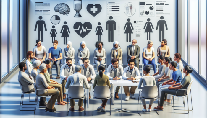 UK patients discussing health needs with empathetic entrepreneurs in an inclusive clinic setting.