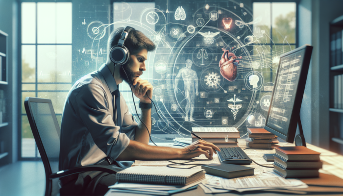 A medical transcriptionist focused on transcribing audio in a quiet office, surrounded by medical resources.