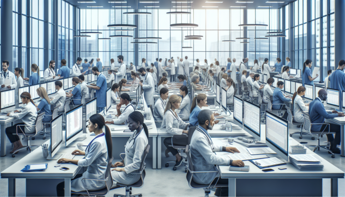 Healthcare professionals engaged in billing, coding, and transcription, vital for efficient healthcare operations.