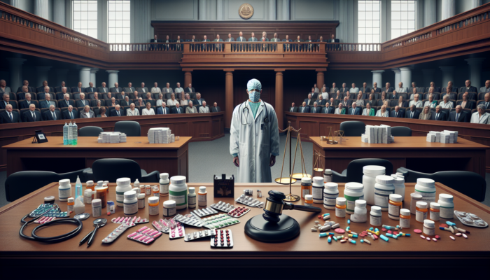 A courtroom scene with a healthcare provider on trial for false medical claims under the Fraud Act 2006.