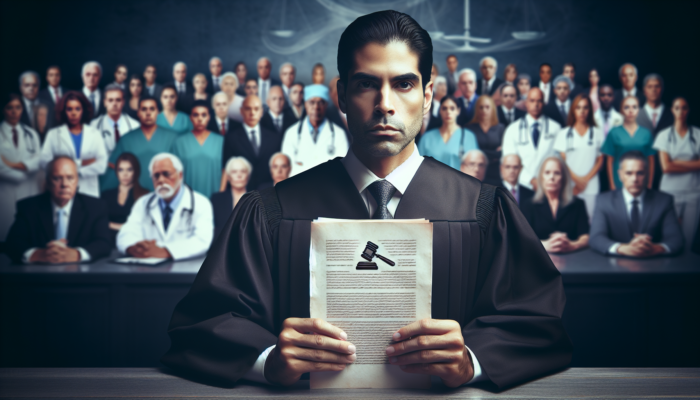 A judge in courtroom with Bribery Act 2010, healthcare professionals and pharmaceutical executives in background, fighting corruption in healthcare.