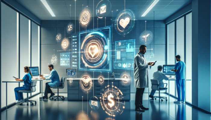 Modern healthcare office with digital payment options, patients using smartphones, staff managing timely statements.