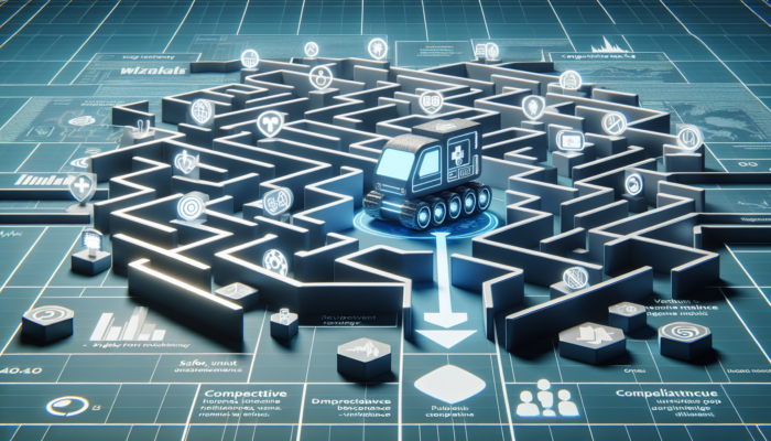 Futuristic UK healthcare tech prototype navigating regulatory compliance maze with safety, effectiveness, and patient rights icons.
