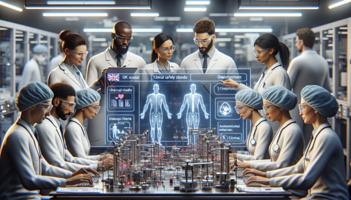 Diverse team reviewing UK clinical safety standards for medical tech prototypes in modern lab.