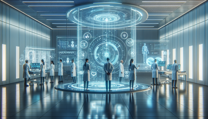 Doctors analyzing holographic patient data in a futuristic healthcare setting, enhancing efficiency and care.